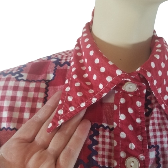 Vtg 70s red gingham plaid patchwork long sleeve maxi dress - Picture 5 of 12